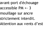 avant-port d'échouage accessible PM +- 3 mouillage sur ancre strictement interdit. Attention aux vents d’est