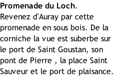Promenade du Loch. Revenez d'Auray par cette promenade en sous bois. De la corniche la vue est suberbe sur le port de Saint Goustan, son pont de Pierre , la place Saint Sauveur et le port de plaisance.