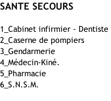 SANTE SECOURS  1_Cabinet infirmier - Dentiste  2_Caserne de pompiers  3_Gendarmerie  4_Médecin-Kiné.  5_Pharmacie 6_S.N.S.M.