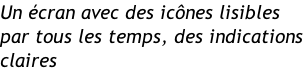 Un écran avec des icônes lisibles par tous les temps, des indications claires