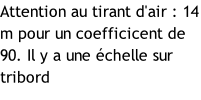 Attention au tirant d'air : 14 m pour un coefficicent de 90. Il y a une échelle sur tribord