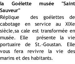 la Goélette musée "Saint Sauveur" Réplique  des goélettes de cabotage en service au XIXe siècle,sa cale est transformée en musée. Elle  présente la vie portuaire de St.-Goustan. Elle vous fera revivre la vie des marins et des habitants.